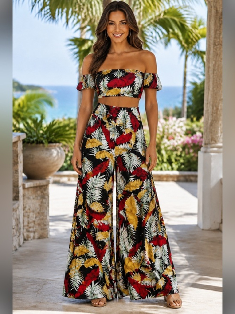 Blue B Tropical Palm Print Bandeau Crop Top & Wide Leg Palazzo Pants Set Medium